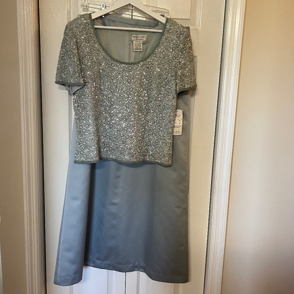 Adrianna Papell Dusty Blue Beaded Sequin Silk Two Piece Dress Set NWT Size 16